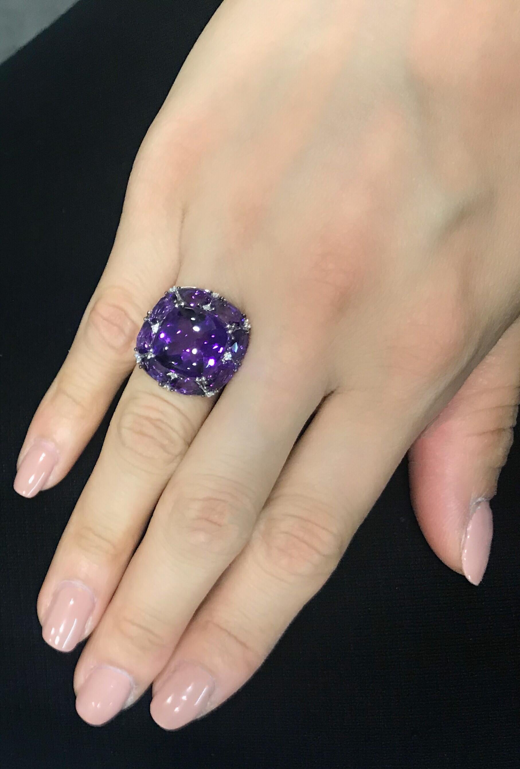 White Gold Faceted and Cabochon-Cut Amethyst and Diamond Ring 1