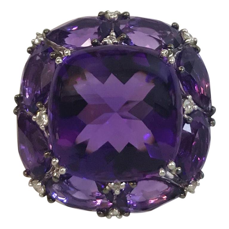 White Gold Faceted and Cabochon-Cut Amethyst and Diamond Ring