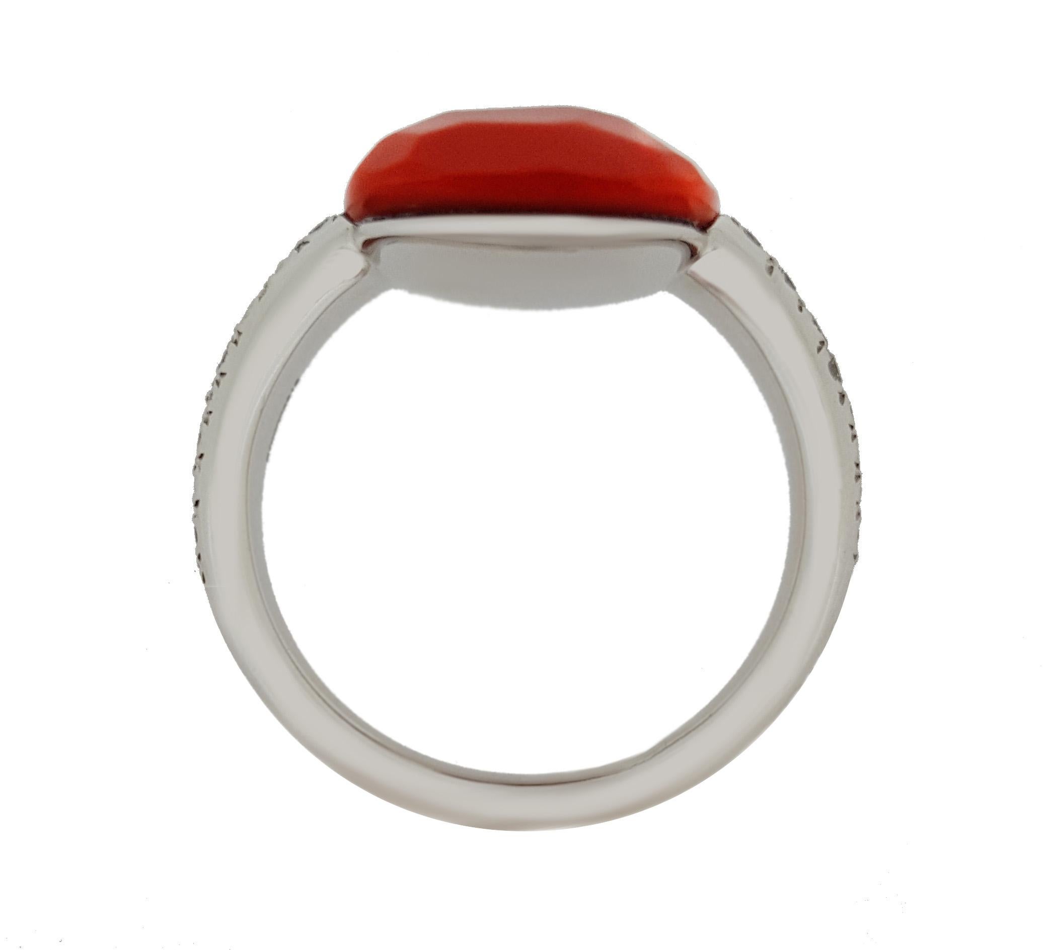 Modern White Gold Faceted Salmon Coral and Diamond Ring
