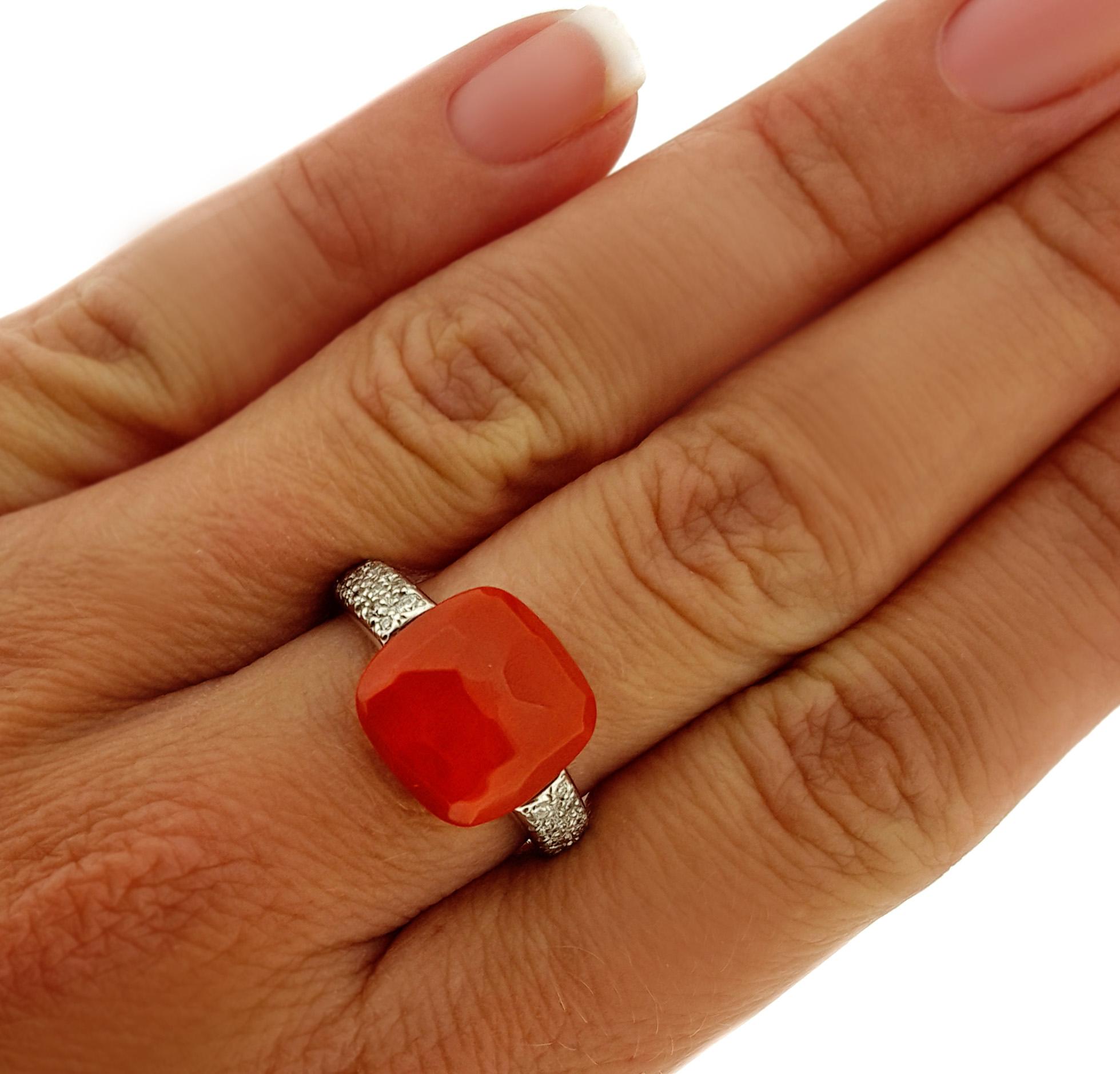 Cushion Cut White Gold Faceted Salmon Coral and Diamond Ring