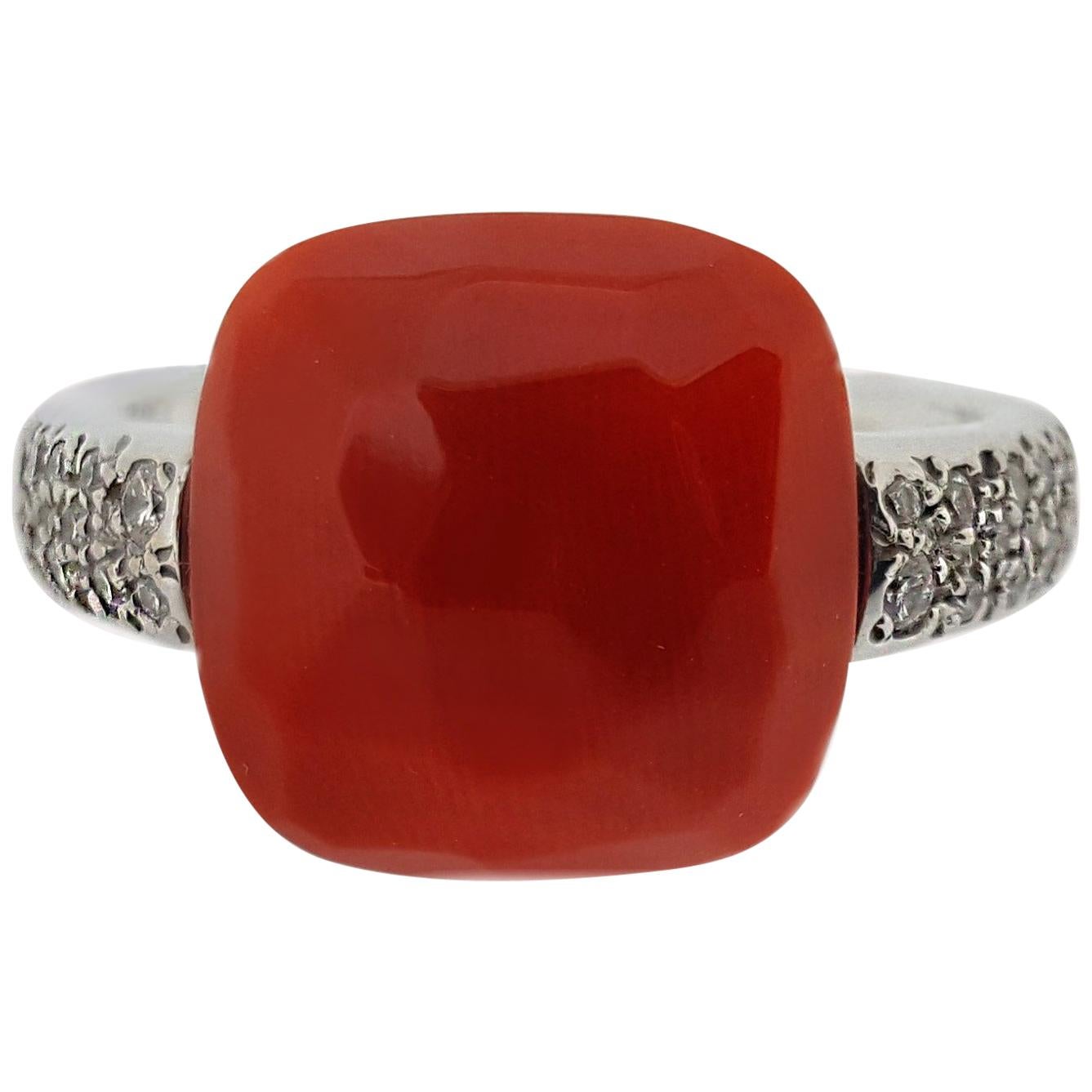 White Gold Faceted Salmon Coral and Diamond Ring