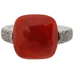 White Gold Faceted Salmon Coral and Diamond Ring