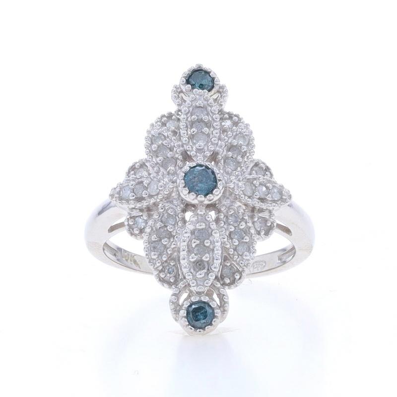 Size: 4 1/4
Sizing Fee: Up 2 sizes for $35 or Down 1 size for $35

Metal Content: 10k White Gold

Stone Information

Natural Diamonds
Treatment: Color Enhanced (fancy blue)
Carat(s): .50ctw
Cut: Round Brilliant & Single
Color: Fancy Blue / G -