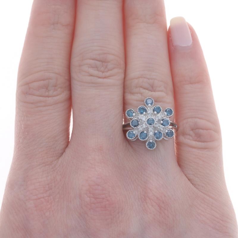 Round Cut White Gold Fancy Blue Diamond Snowflake Cluster Cocktail Ring 14k 1.00ctwTreated For Sale