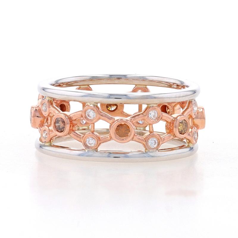 Size: 7 1/2

Metal Content: 14k White Gold & 14k Rose Gold

Stone Information
Natural Diamonds
Carat(s): .36ctw
Cut: Round Brilliant
Color: Fancy Brown & G-H
Clarity: VS2 - SI1

Total Carats: .36ctw

Style: Eternity Band
Theme: Lattice
Features: