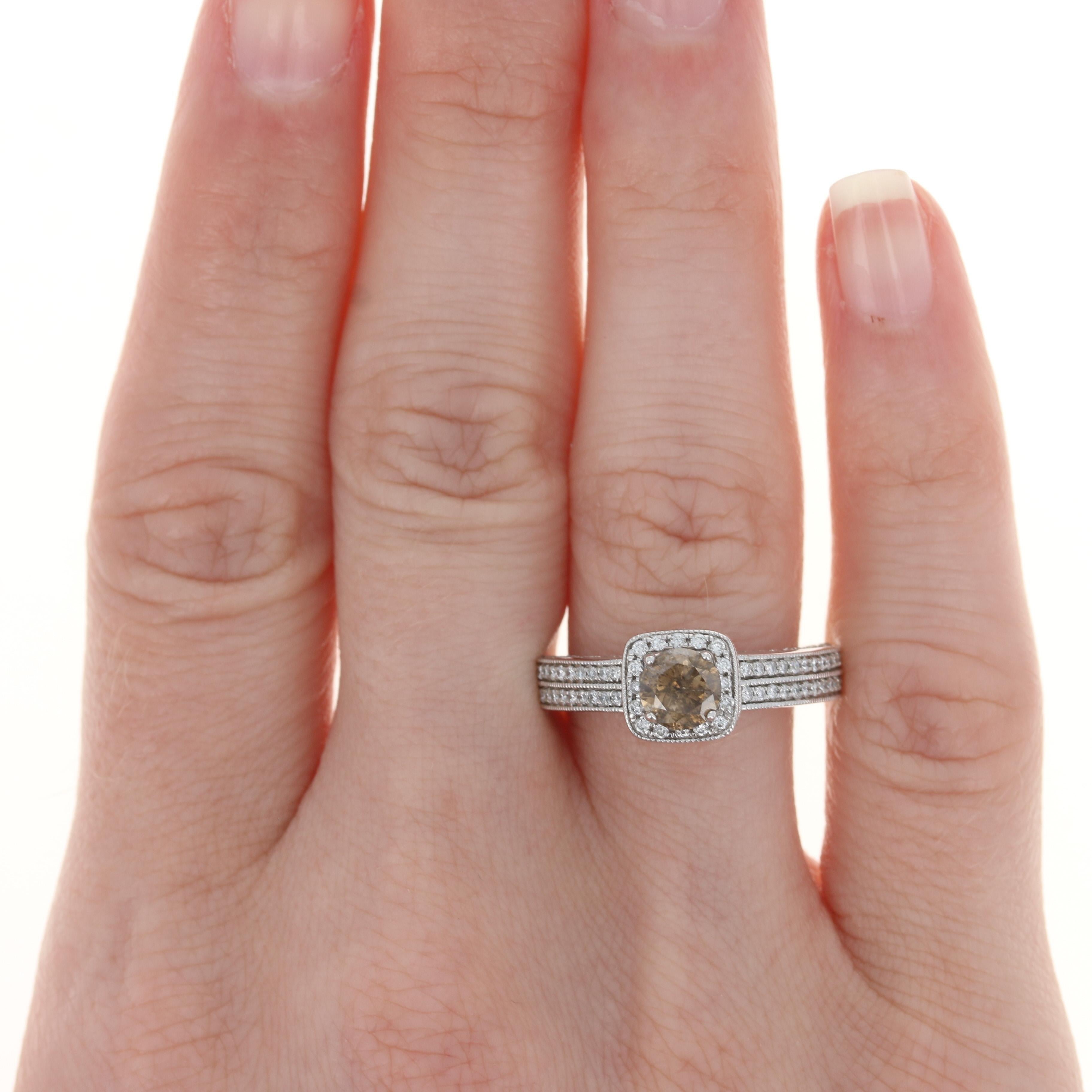 En vente :  Bague de fiançailles en or blanc avec halo de diamants bruns fantaisie, or rond 14 carats 2,02 carats, grain milgrain 2