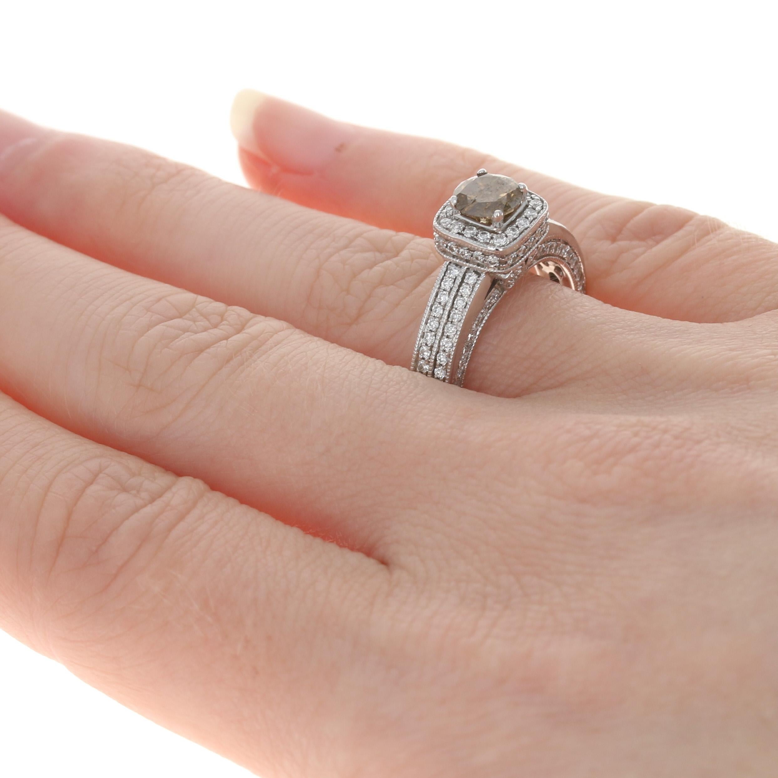 En vente :  Bague de fiançailles en or blanc avec halo de diamants bruns fantaisie, or rond 14 carats 2,02 carats, grain milgrain 4