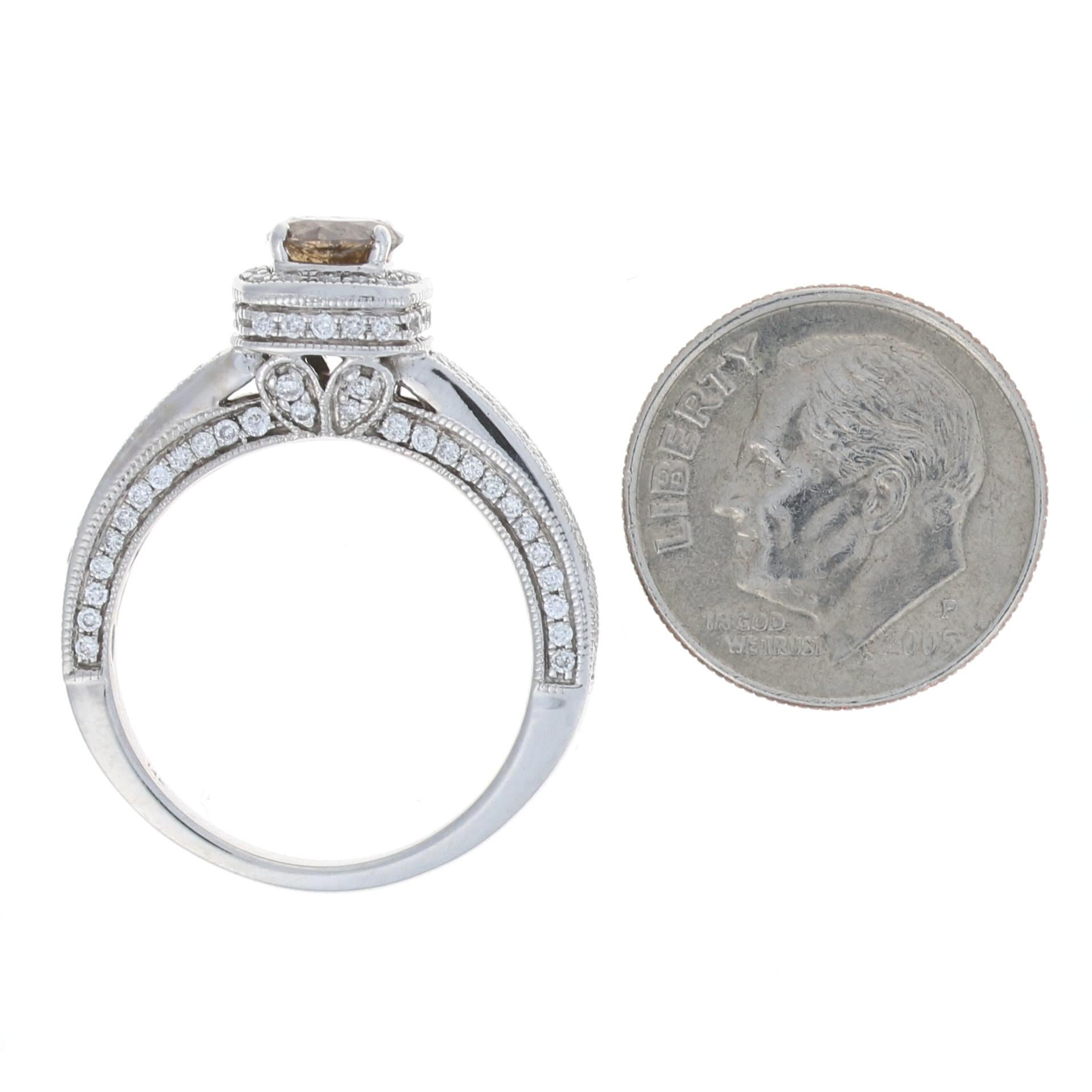 En vente :  Bague de fiançailles en or blanc avec halo de diamants bruns fantaisie, or rond 14 carats 2,02 carats, grain milgrain 5