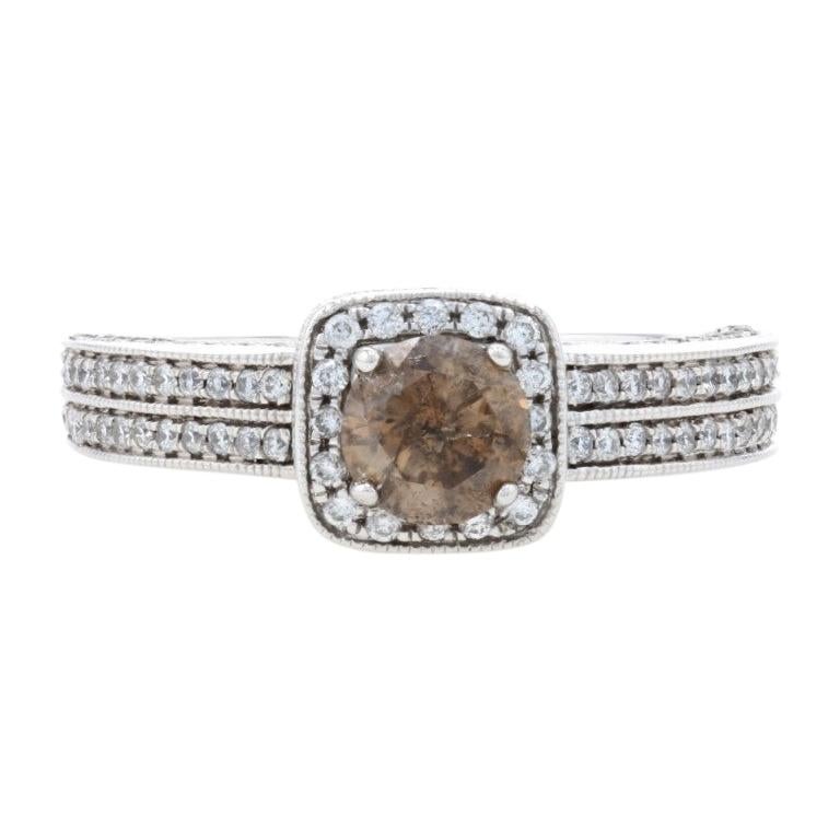 White Gold Fancy Brown Diamond Halo Engagement Ring, 14k Round 2.02ctw Milgrain