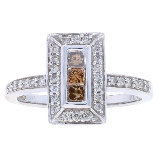 White Gold Fancy Brown Diamond Ring - 14k Princess .58ctw Three-Stone Halo For Sale