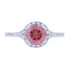 Vintage White Gold Fancy Deep Pink Diamond Halo Engagement Ring, 14k Round 1.61ctw GIA