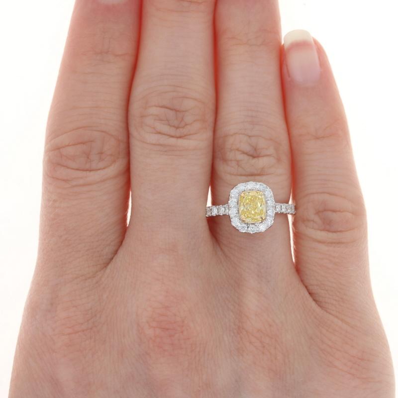 For Sale:  White Gold Fancy Intense Yellow Diamond Halo Ring, 18k Cushion Cut 1.42ctw GIA 2