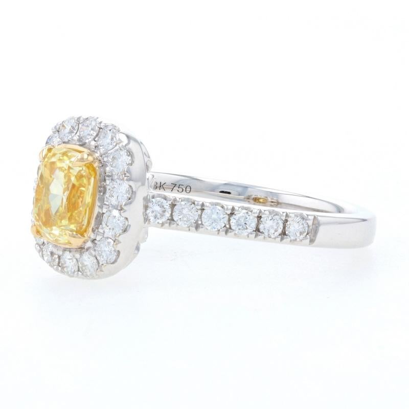 For Sale:  White Gold Fancy Intense Yellow Diamond Halo Ring, 18k Cushion Cut 1.42ctw GIA 3