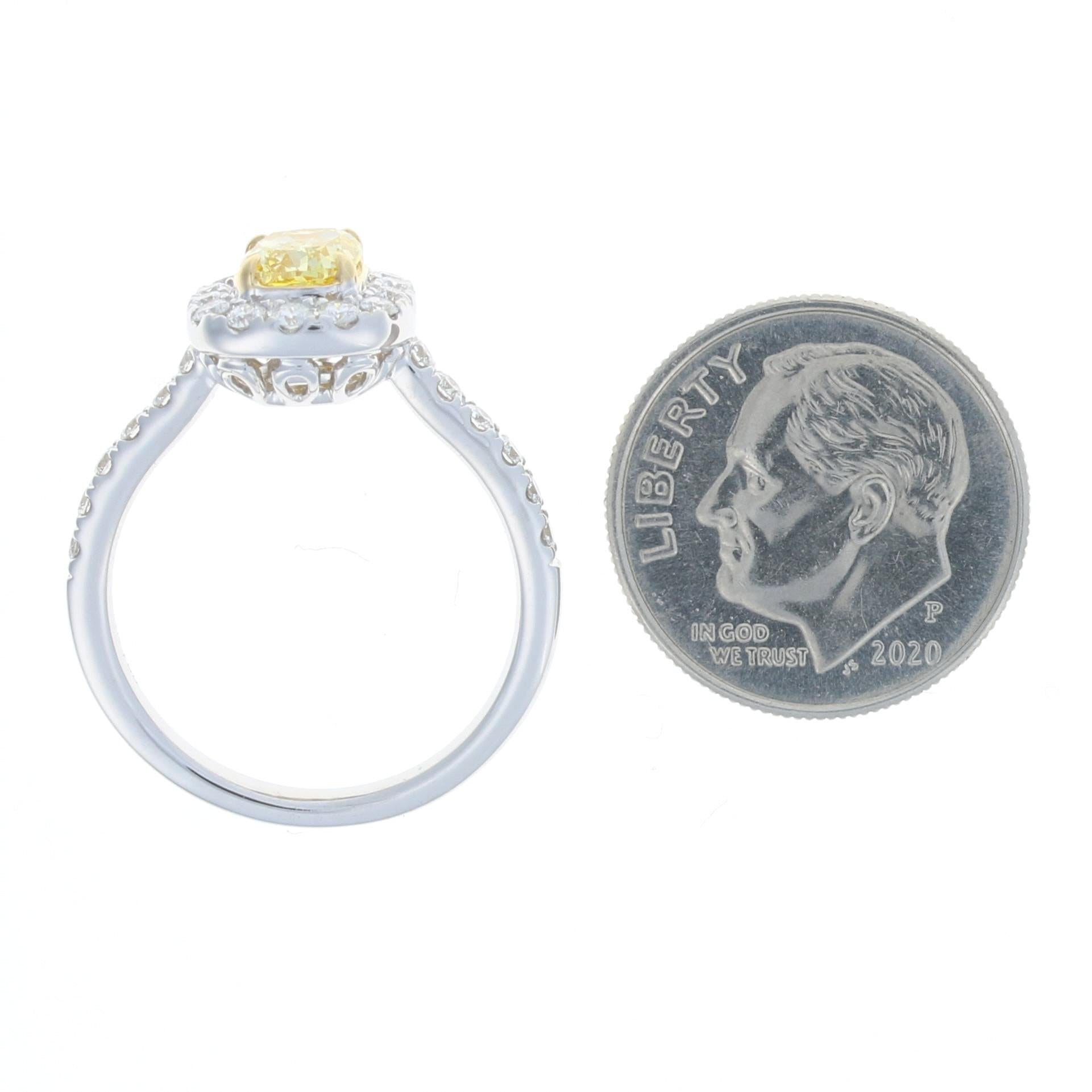 For Sale:  White Gold Fancy Intense Yellow Diamond Halo Ring, 18k Cushion Cut 1.42ctw GIA 5