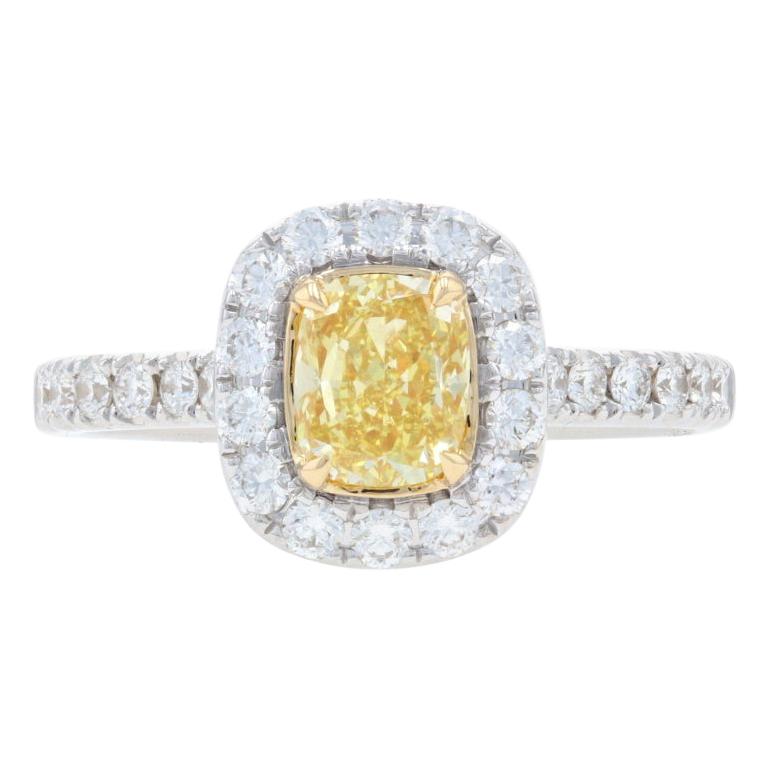 For Sale:  White Gold Fancy Intense Yellow Diamond Halo Ring, 18k Cushion Cut 1.42ctw GIA