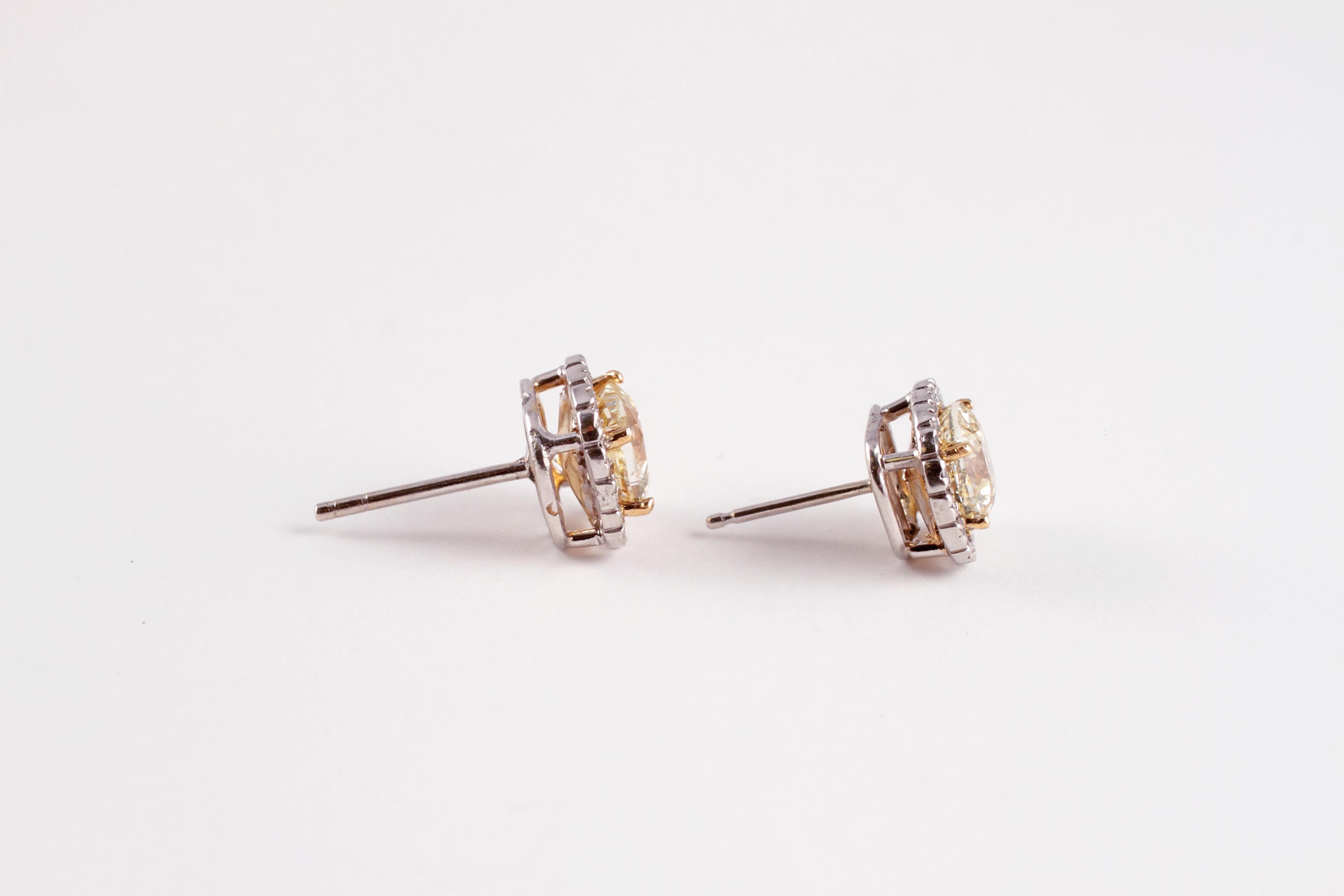 These earrings are composed of lovely white gold mountings, each centered with one cushion-cut fancy light yellow diamond, surrounded by round brilliant diamonds.  Stunning on the ear!!  The fancy color diamonds have a stated total weight of 1.85