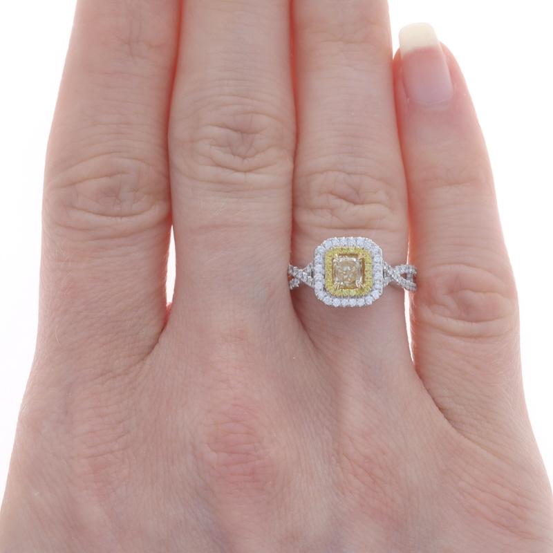 Size: 6
Sizing Fee: Up 2 sizes for $60 or Down 2 sizes for $40

Metal Content: 18k White Gold & 18k Yellow Gold

Stone Information
Natural Diamond
Carat(s): .66ct
Cut: Radiant
Color: Fancy Yellow
Clarity: VS2

Natural Diamonds
Carat(s): .06ctw
Cut: