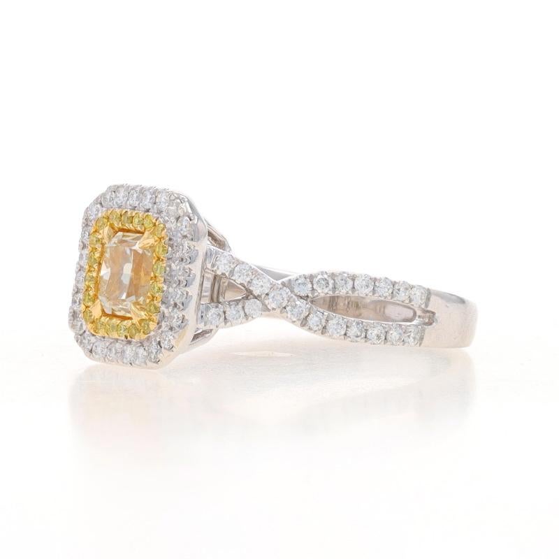 Radiant Cut White Gold Fancy Yellow Diamond Double Halo Engagement Ring -18k Radiant 1.06ctw For Sale