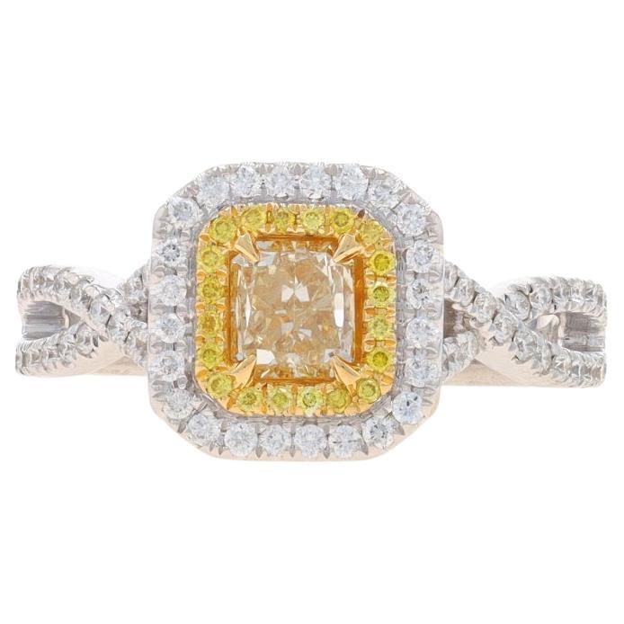 White Gold Fancy Yellow Diamond Double Halo Engagement Ring -18k Radiant 1.06ctw For Sale