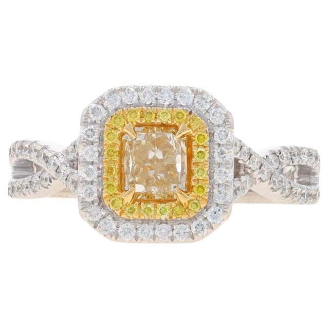 Double Fancy Fancy yellow diamond double halo engagement ring 18ct white gold For ...