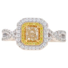 Bague de fiançailles fantaisie en or blanc 18 carats avec double halo de diamants jaunes de 1,06 carat poids total