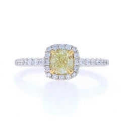 White Gold Fancy Yellow Diamond Halo Engagement Ring - 18k Square Cushion .85ctw