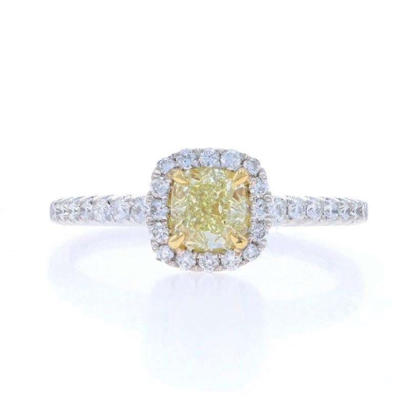 White Gold Fancy Yellow Diamond Halo Engagement Ring - 18k Square Cushion .85ctw
