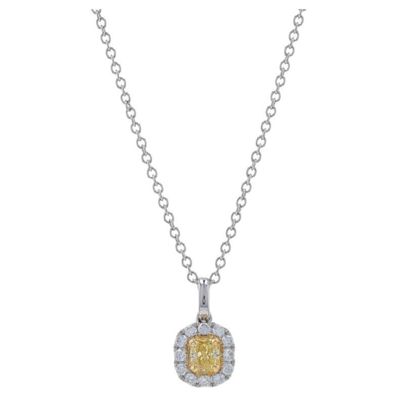 White Gold Fancy Yellow Diamond Halo Pendant Necklace 16 3/4" 18k Radiant .62ctw For Sale