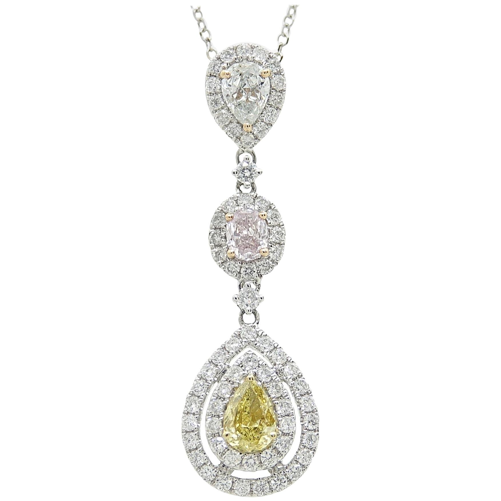 White Gold Fancy Yellow, Light Pink and Blue Diamond Pendant Necklace For Sale