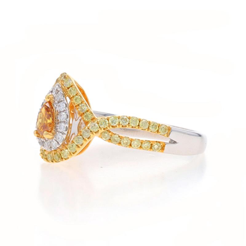 Bague de halo en or blanc avec diamant de couleur jaune orangé - 18k Pear .80ctw Engagement Excellent état - En vente à Greensboro, NC