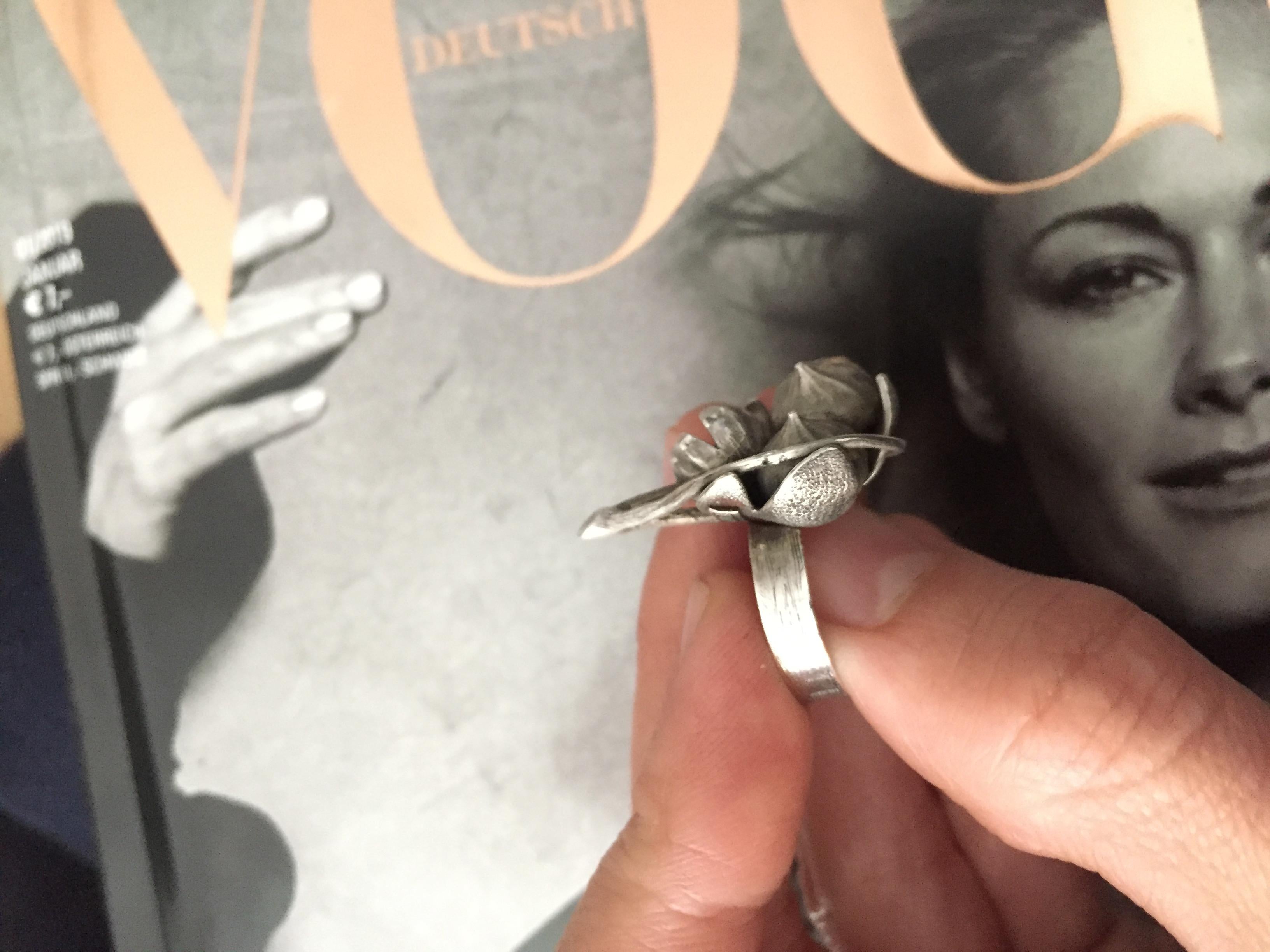 Women's White Gold Fig Cocktail Ring with 3 Diamonds by the Artist Featured in Vogue For Sale