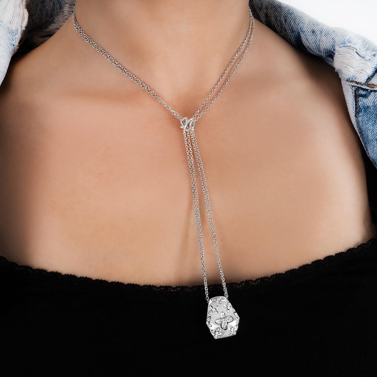 Women's White Gold Floral Diamond Double Chain Pendant For Sale