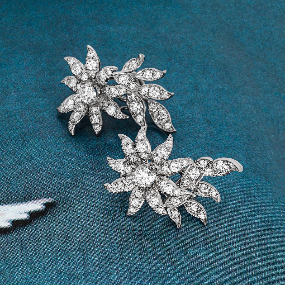 White Gold Floral Diamond Earrings 3.90ct TDW For Sale 2