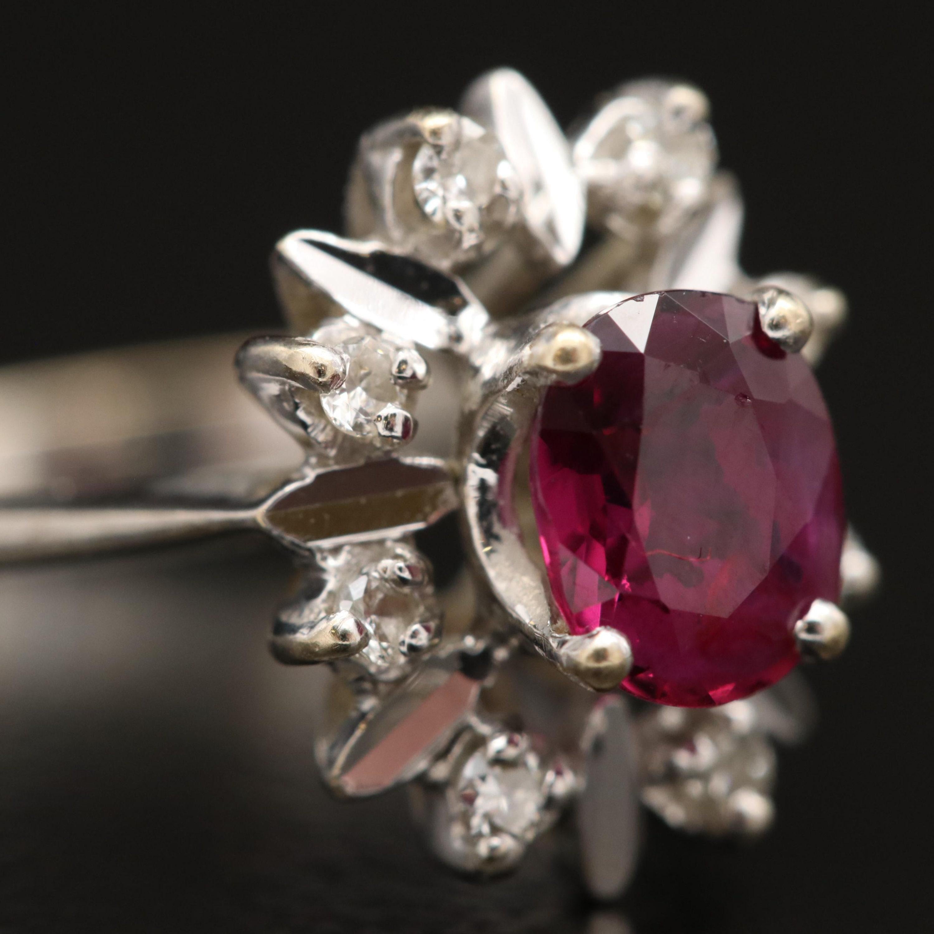 For Sale:  White Gold Floral Ruby Diamond Engagement Ring, Art Deco Ruby Wedding Ring 5