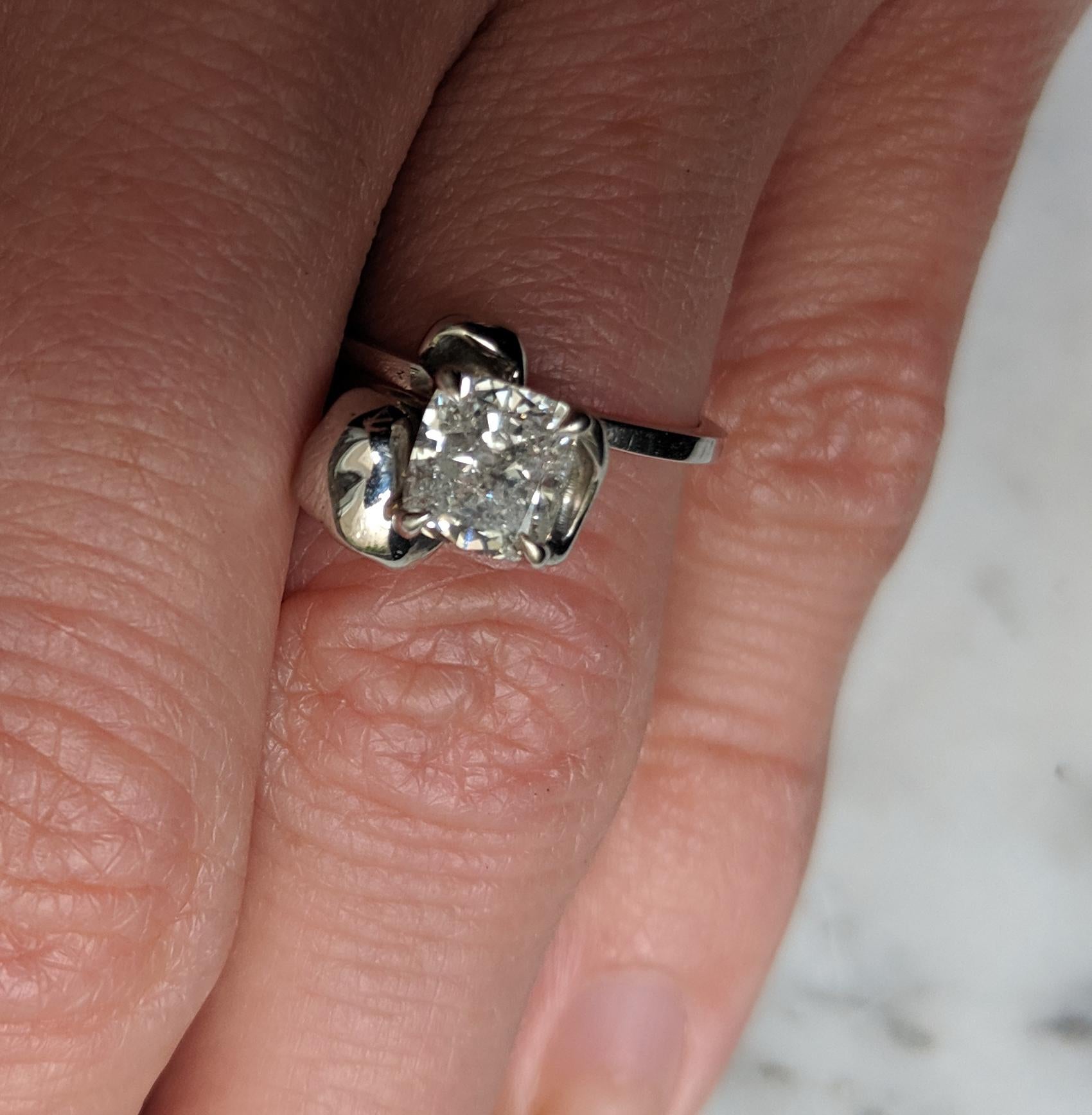 White Gold Flower Engagement Ring with One Carat Cushion Crashed Ice Diamond For Sale 5
