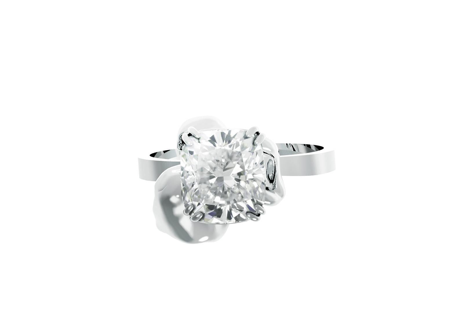 White gold Buttercup Flower contemporary engagement ring features a natural cushion crashed ice diamond (1.01 carats, I, I1) that is encrusted into the unique and elegant design. The ring is designed by an oil painter and created with meticulous