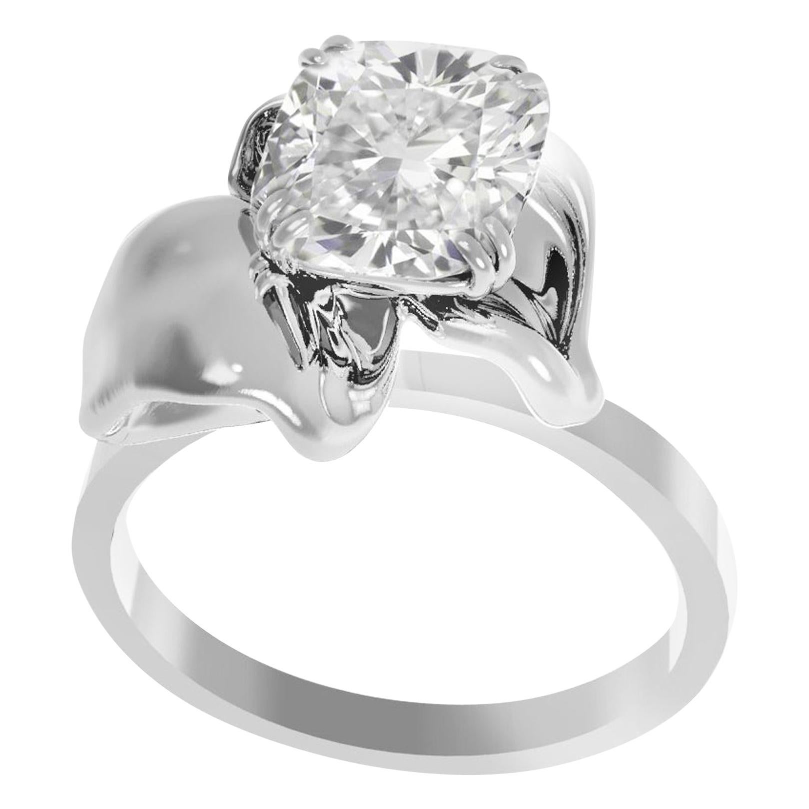 White Gold Flower Engagement Ring with One Carat Cushion Crashed Ice Diamond For Sale