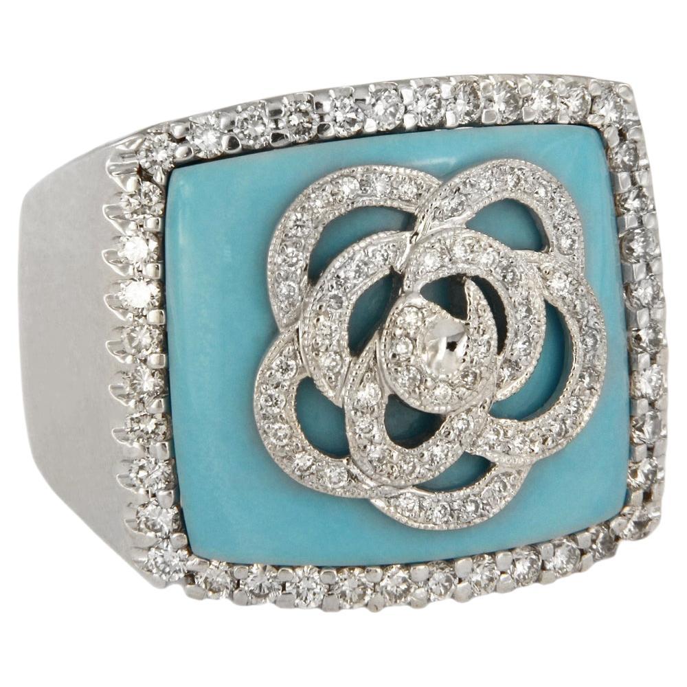 White Gold Flower Ring with Light Blue Enamel For Sale