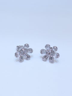 White Gold Flower Shape Diamond Stud Earrings with Baguette and Round Diamonds