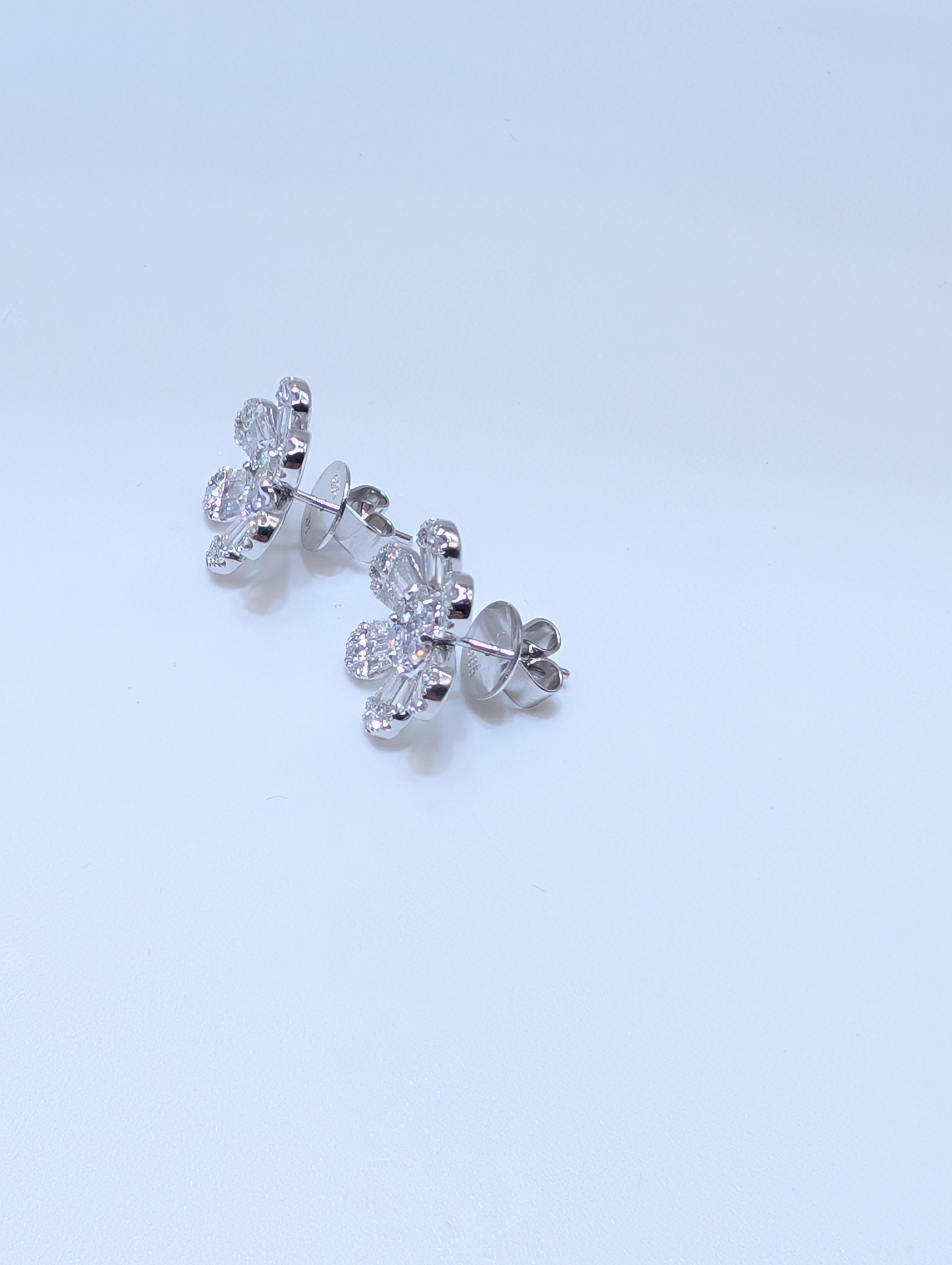 Baguette Cut White Gold Flower Shape Diamond Stud Earrings with Baguette and Round Diamonds For Sale