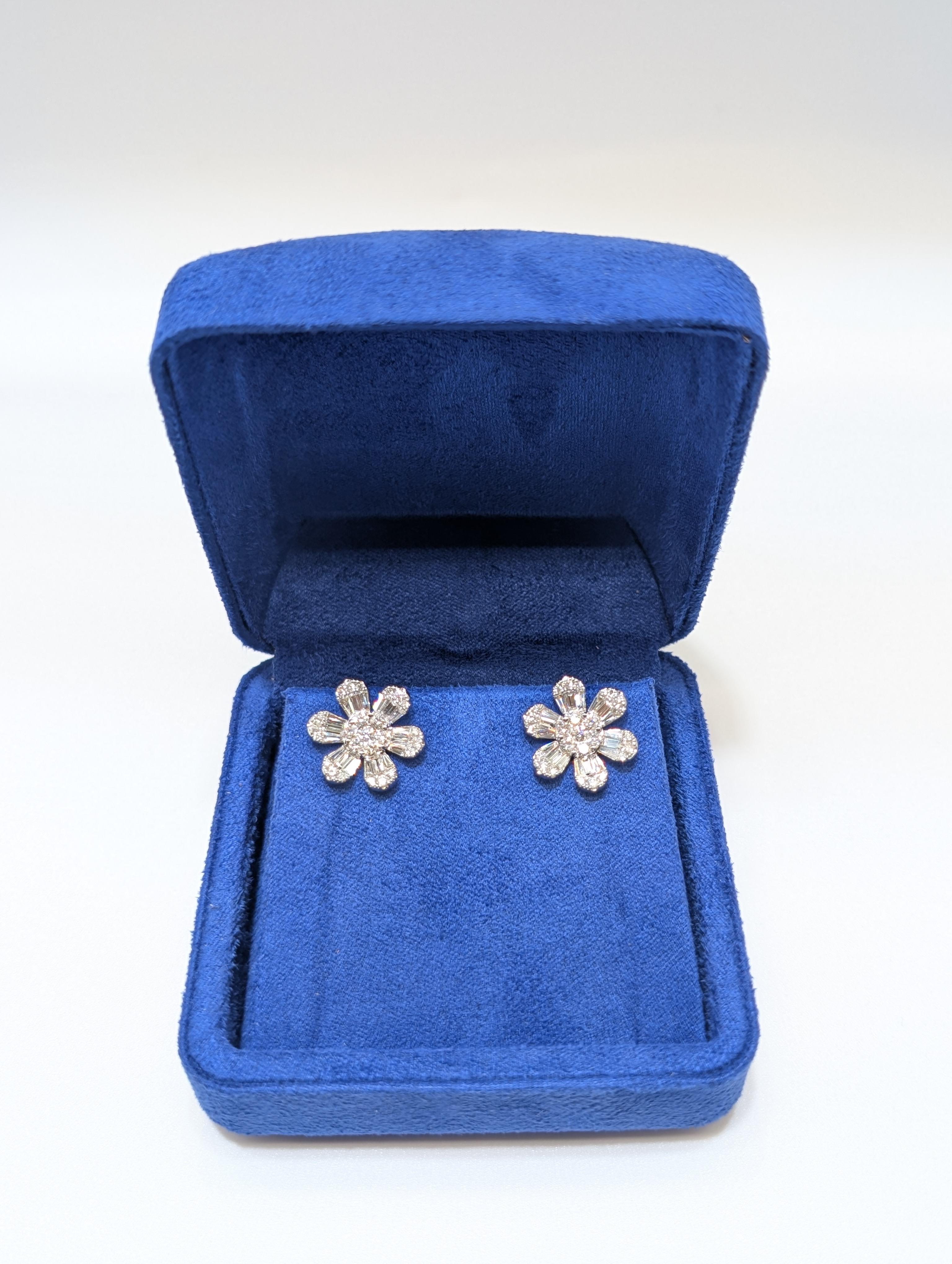 White Gold Flower Shape Diamond Stud Earrings with Baguette and Round Diamonds For Sale 1