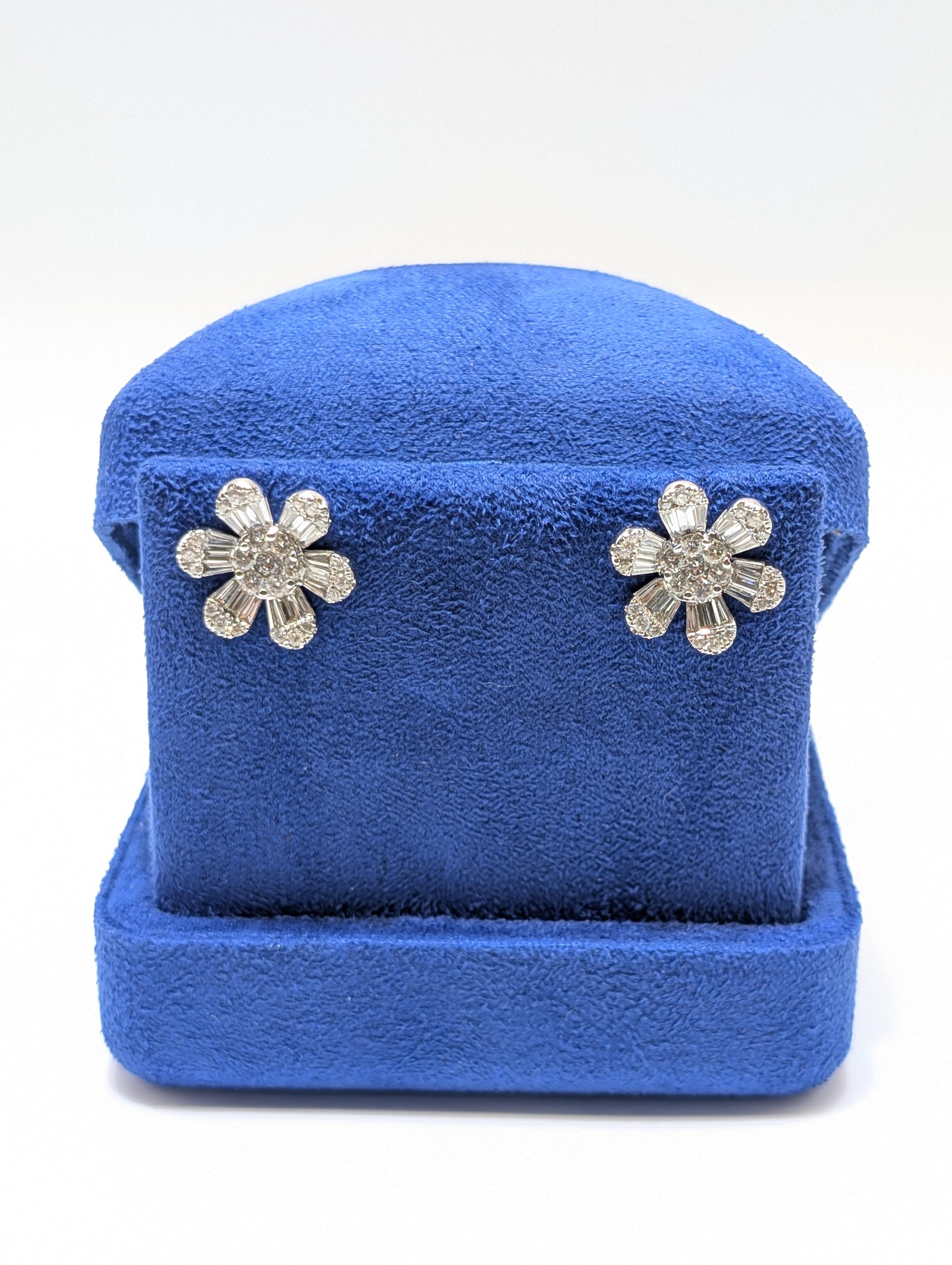 White Gold Flower Shape Diamond Stud Earrings with Baguette and Round Diamonds For Sale 2