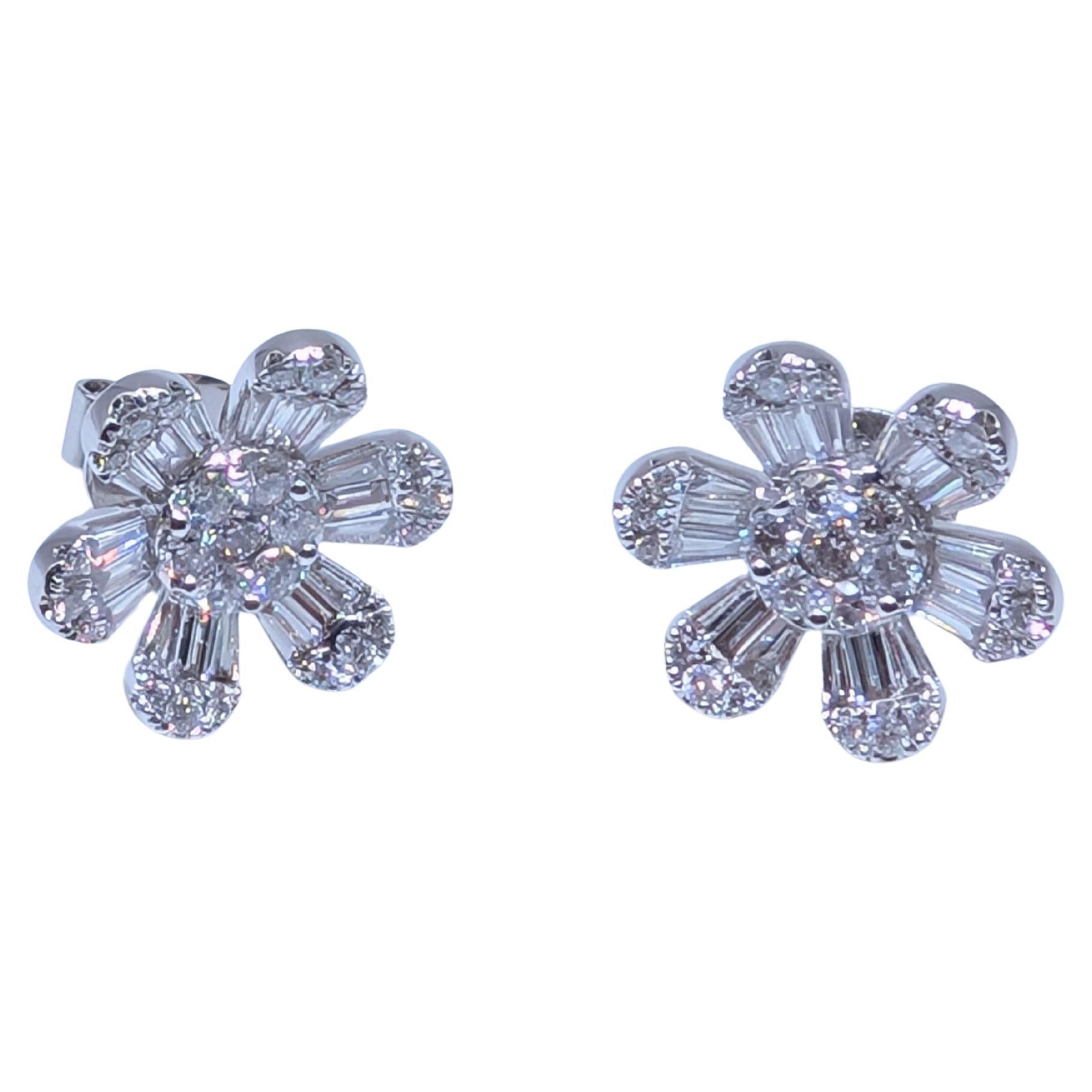 White Gold Flower Shape Diamond Stud Earrings with Baguette and Round Diamonds For Sale