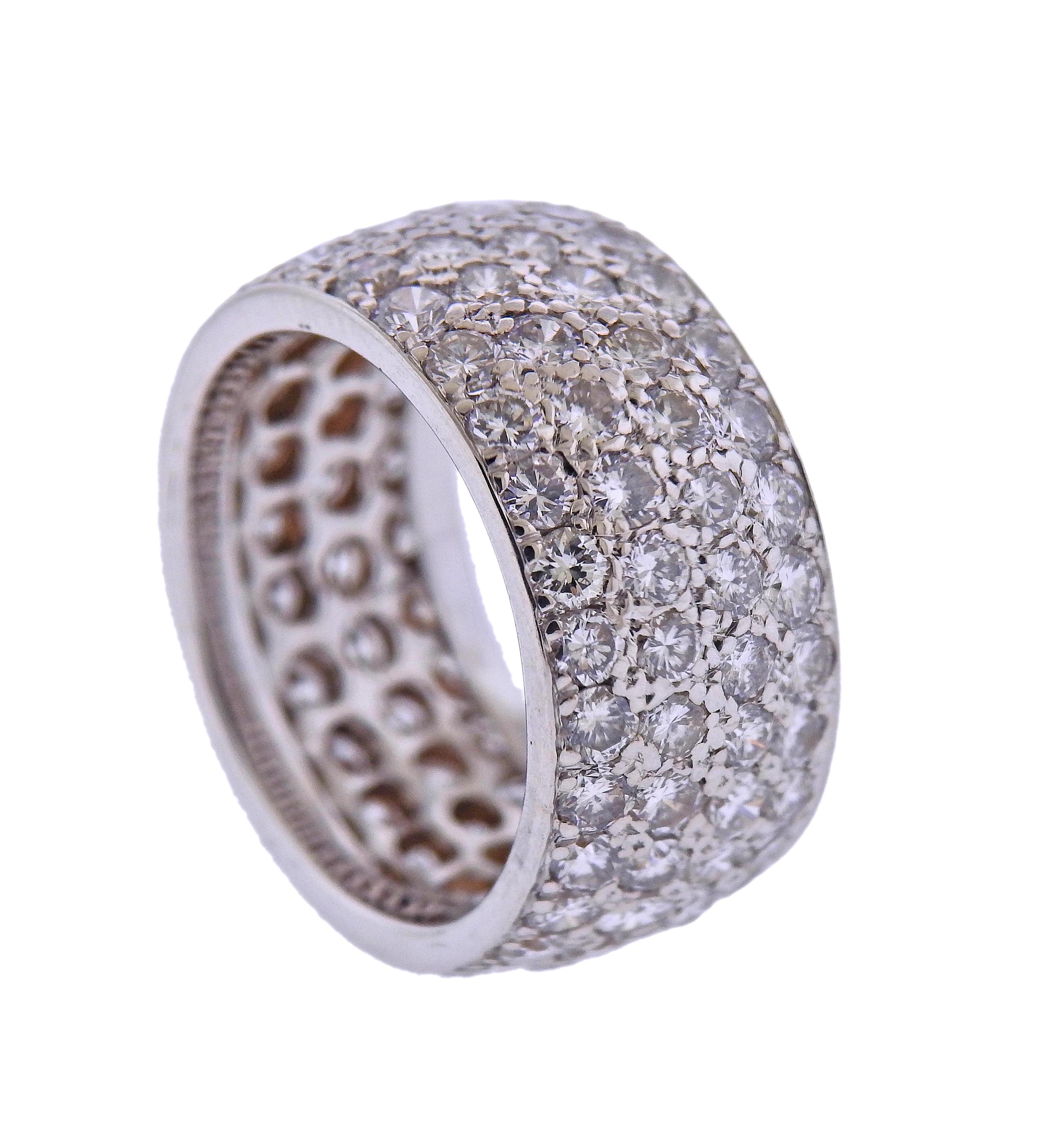 Wide 14k white gold wedding band ring, with 4 rows of round diamonds - approx. 4.20ctw. Ring size 6, ring is 10mm wide. Weight - 6.9 grams. 