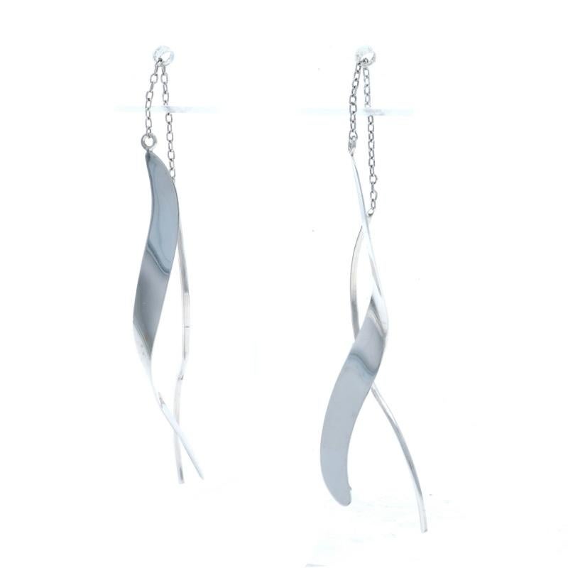 White Gold Freeform Ribbon Threader Earrings 14k Pierced In Excellent Condition For Sale In Greensboro, NC
