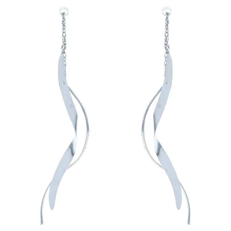 White Gold Freeform Ribbon Threader Earrings 14k Pierced For Sale