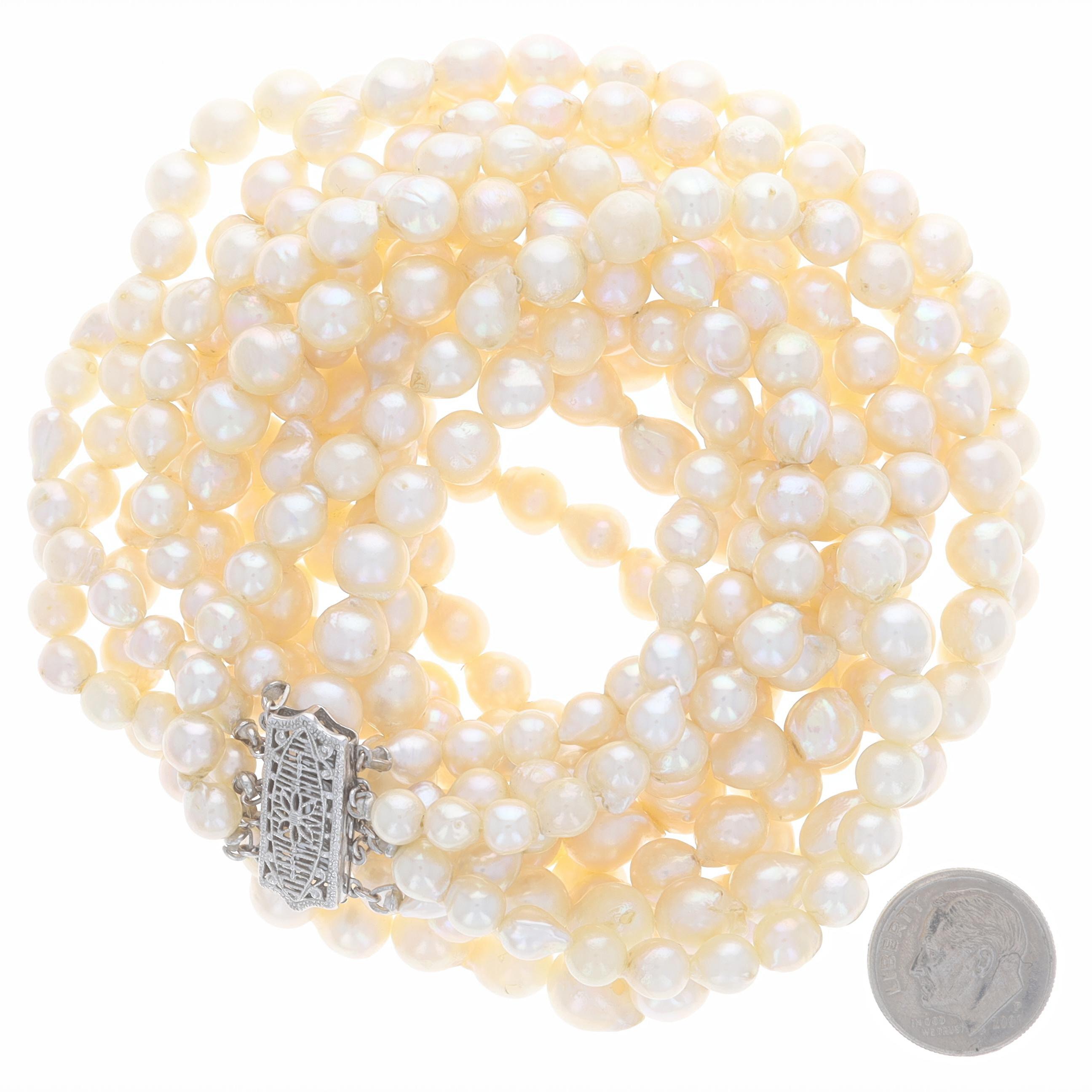 Fünfreihige Halskette aus Weißgold mit Süßwasser-Zuchtperlen, abgestuft, 15 3/4