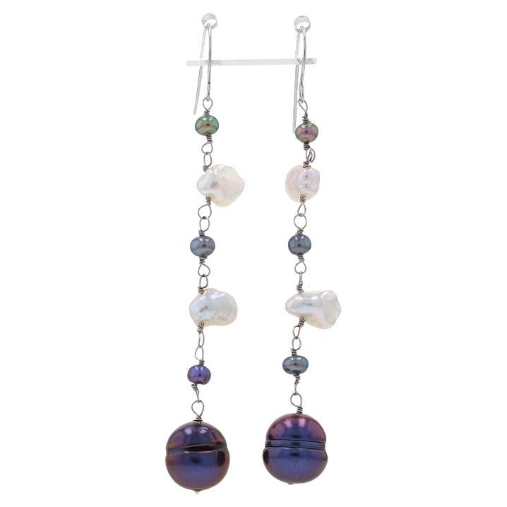 White Gold Freshwater Pearl Dangle Earrings - 14k Pierced Treated