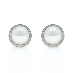 White Gold Freshwater Pearls Diamond Halo Stud Earrings 14k .10ctw Pierced