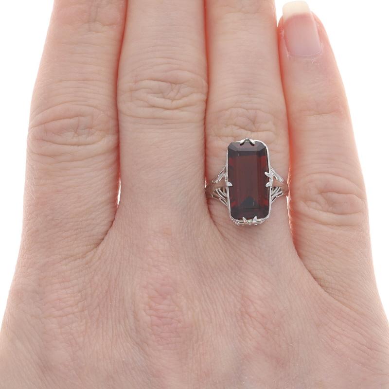 Oro Blanco Granate Art Deco Cocktail Anillo Solitario -14k Rect Paso 5.04ct Vintage Art Decó
